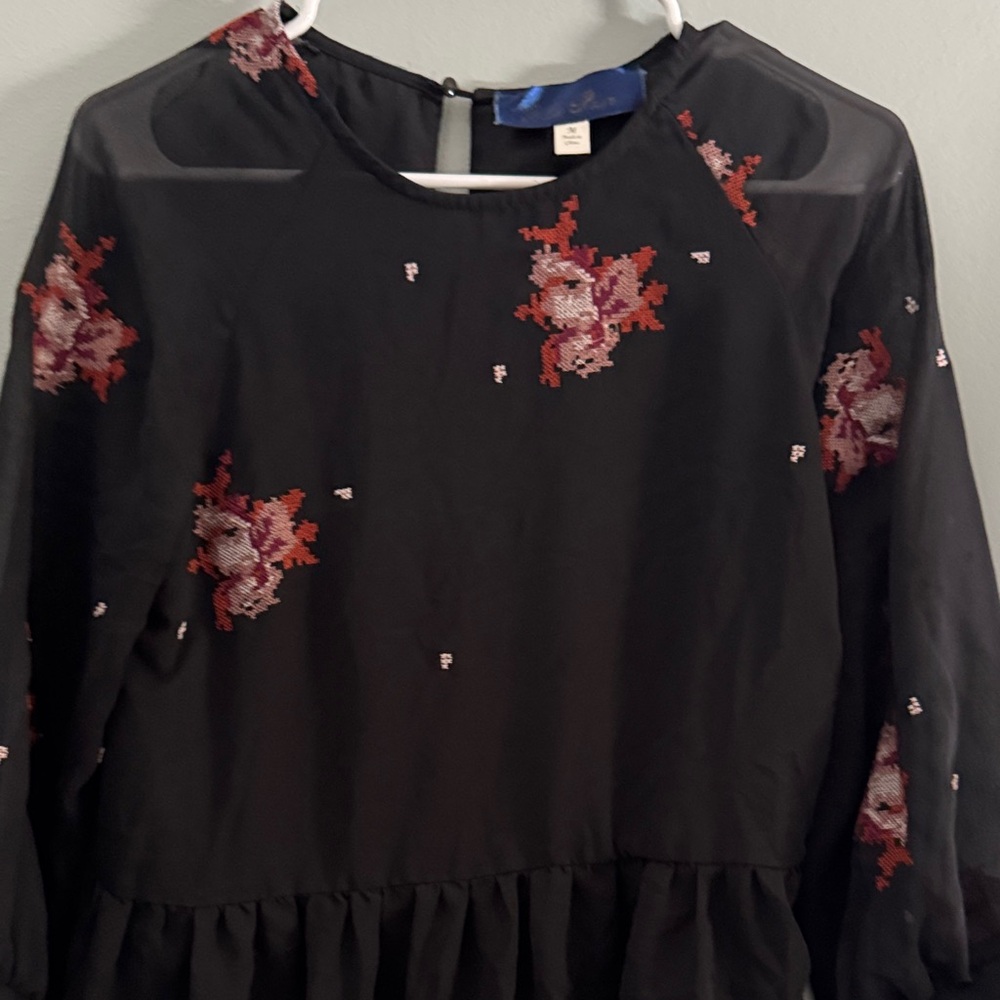 Blue Rain Black Floral Embroidered Peplum Blouse